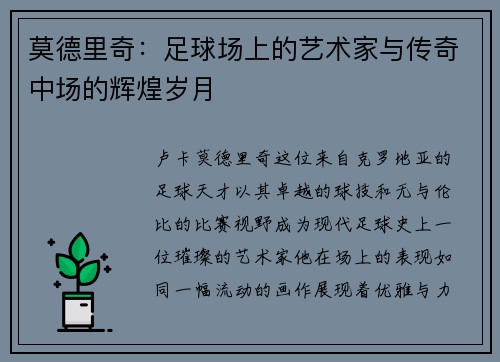 莫德里奇：足球场上的艺术家与传奇中场的辉煌岁月